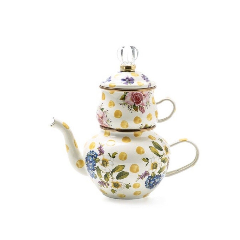 Mackenzie Childs Wildflowers yellow High tea 3 pc 9.75" Tall 32 oz. NEW unused!